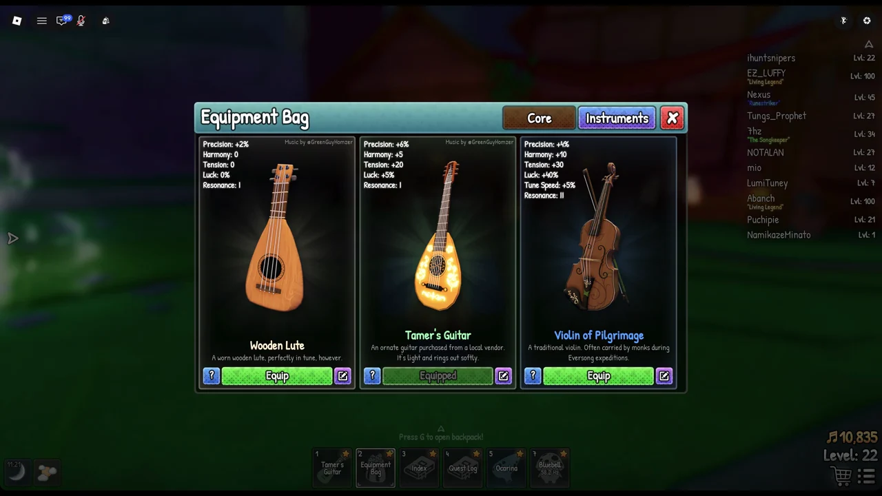 Equipment Bag open on the Instruments tab with Tamer's Guitar equipped