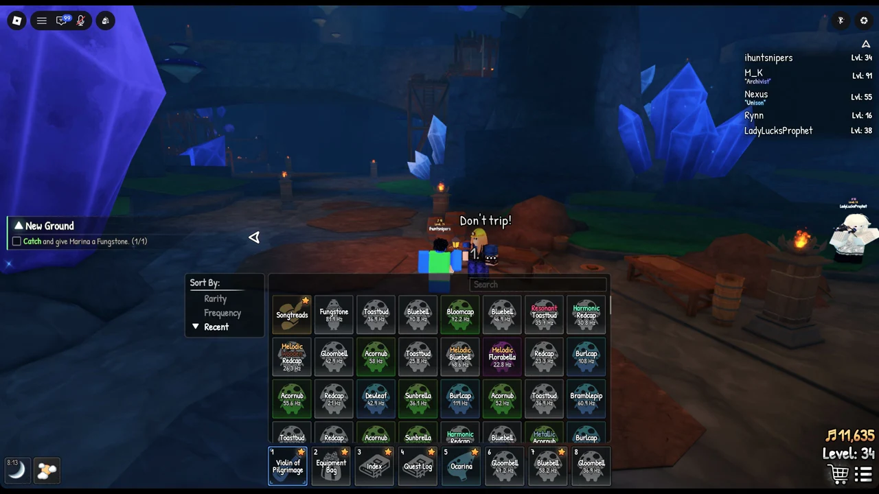Backpack inventory open with sorting and search controls and a tile selected in the grid