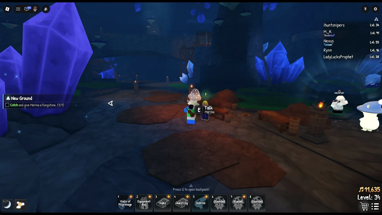 Player approaching Marina with the E Talk prompt after equipping the Fungstone