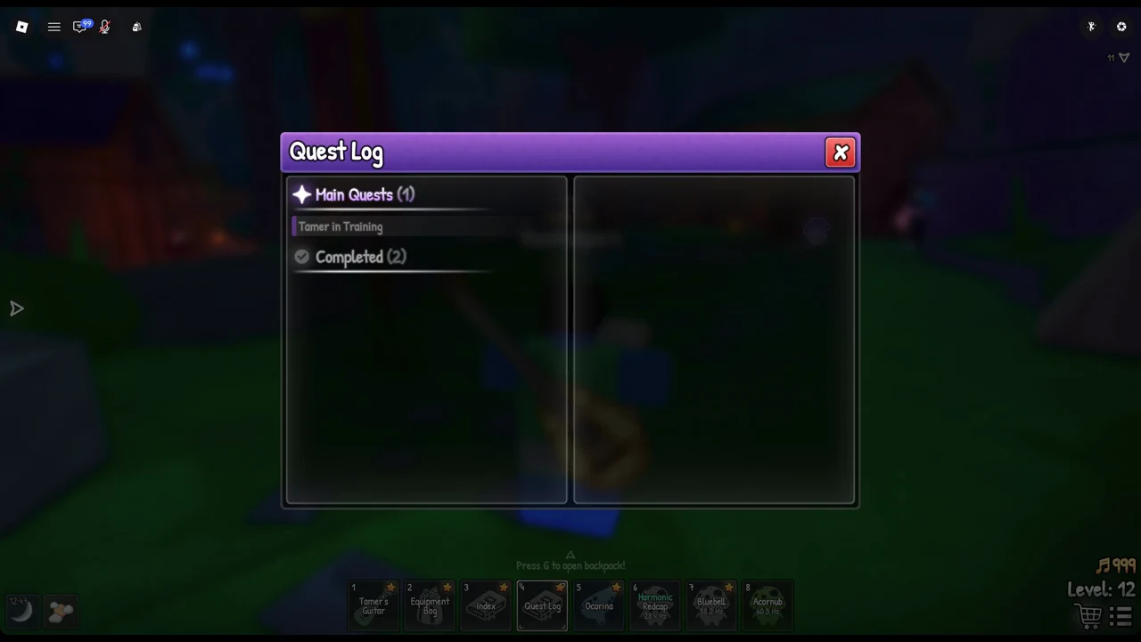 Quest Log open with Tamer in Training selected, showing its objective and reward panel