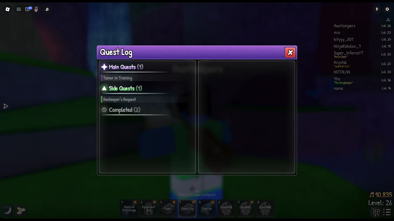 The Quest Log open on the main and side quest list with Beekeeper's Request highlighted
