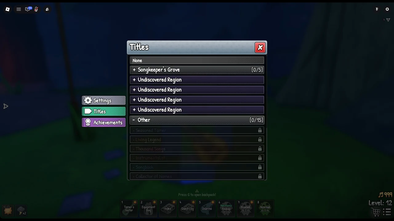The Other category expanded in the Titles menu, listing locked general titles.