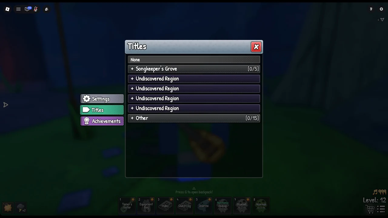 The Titles menu open with Songkeeper's Grove, Undiscovered Region and Other categories collapsed.
