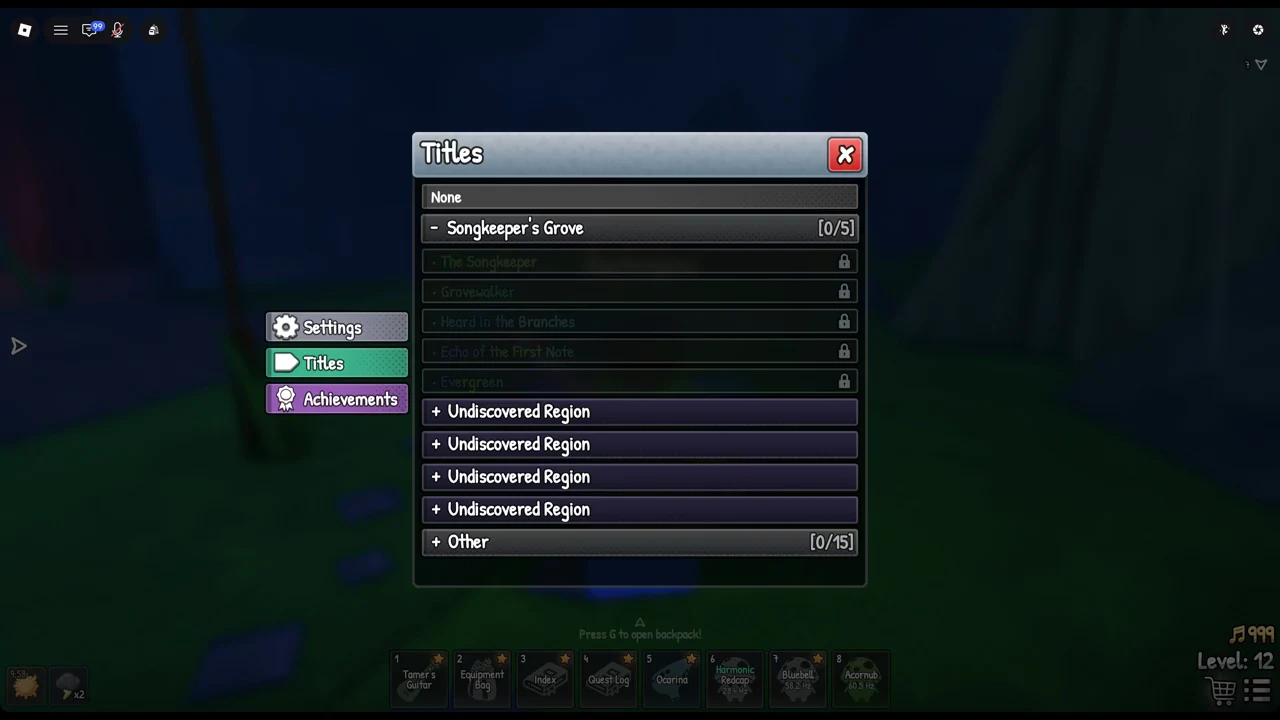 Songkeeper's Grove expanded in the Titles menu with its five locked titles listed.