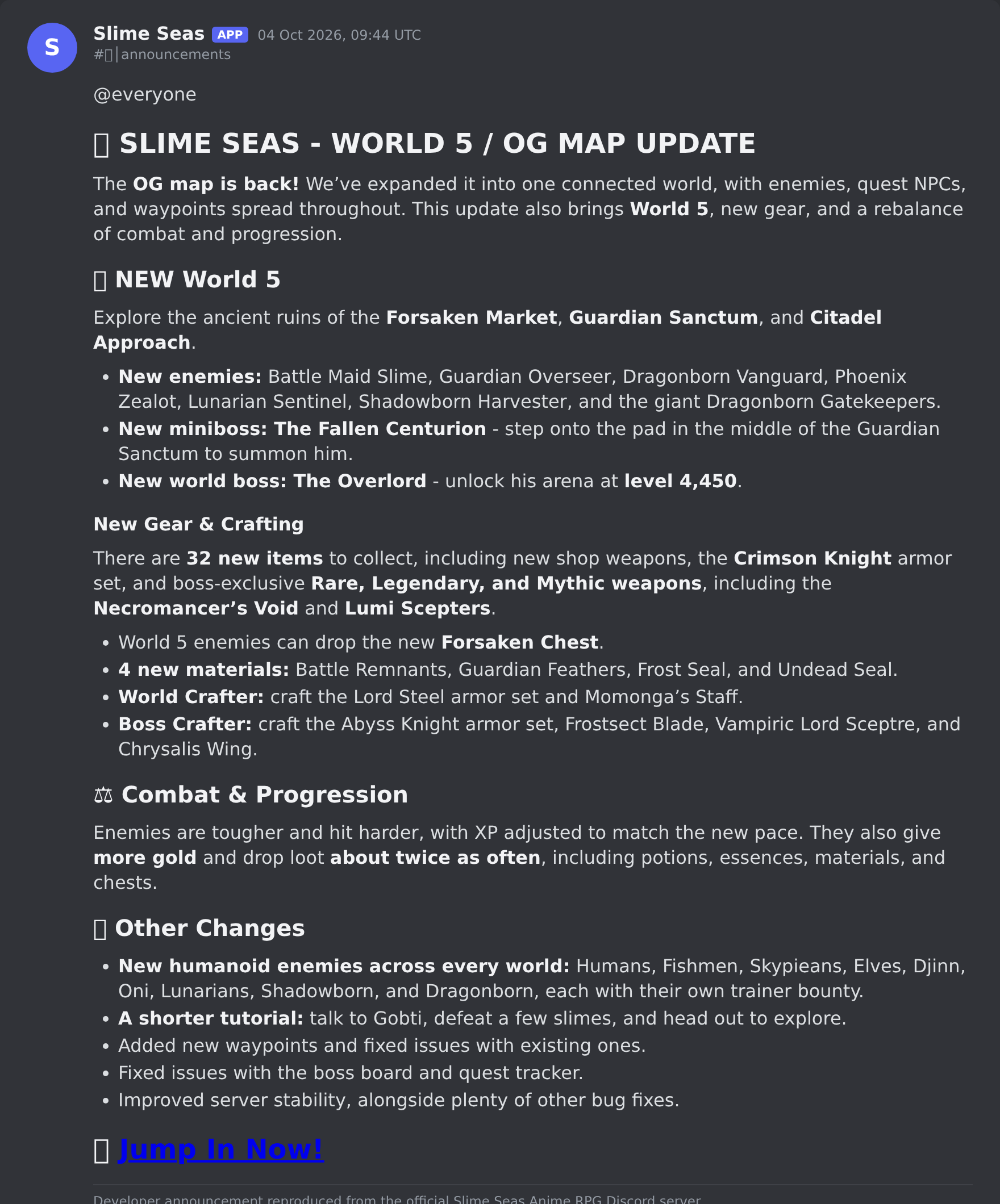 The Slime Seas Anime RPG update post in the game's Discord server