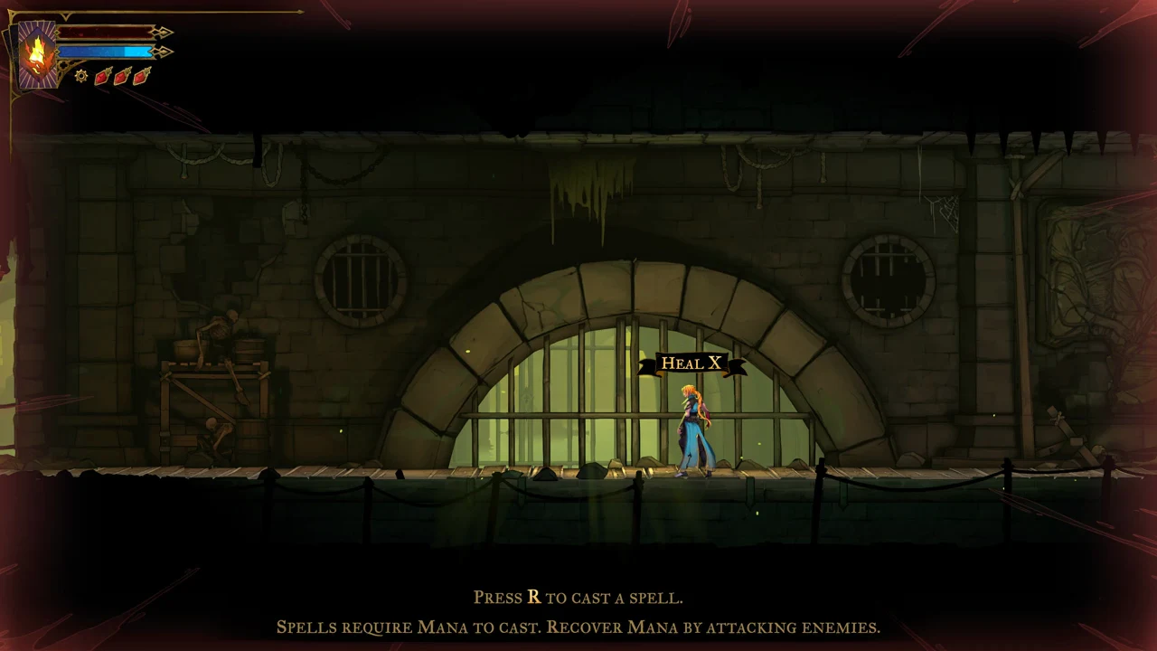 Dungeon screen showing the Heal spell prompt above Rose with a tutorial to press R to cast