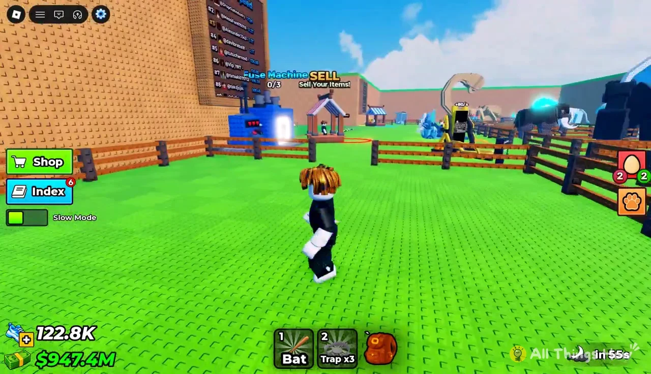 Avatar walking toward the SELL station next to the Fuse Machine with an objective counter at 0/3
