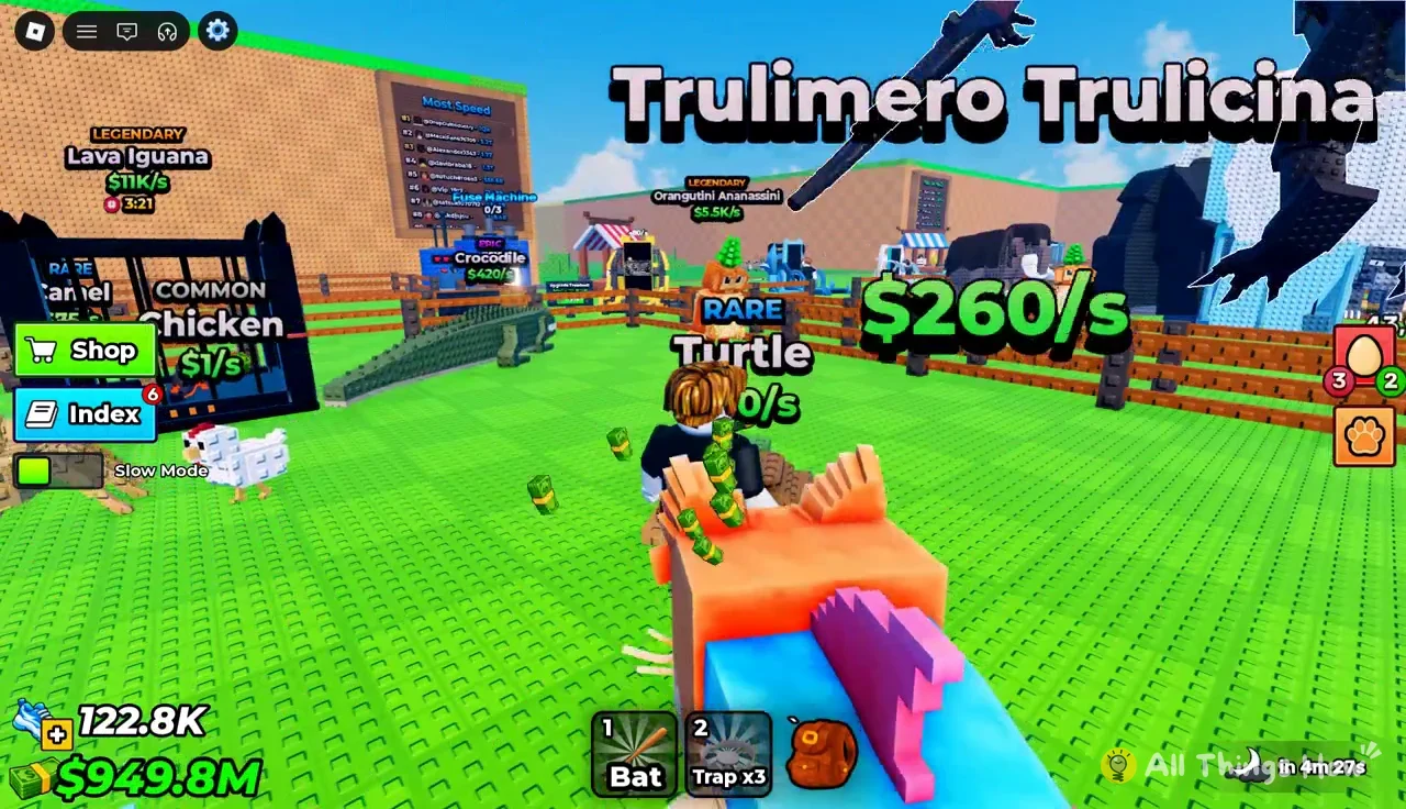 Trulimero Trulicina label showing $260/s while the player rides a creature in the arena