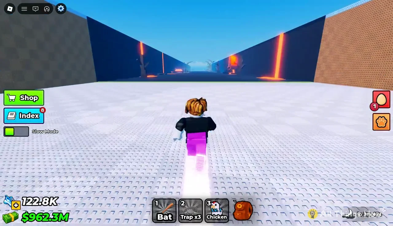 The player runs toward the glowing blue structure marked “+100/s” in the arena