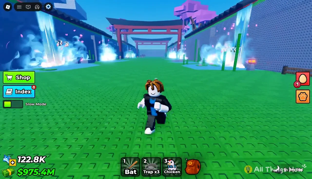 Avatar sprinting down the zone corridor with Bat, Trap x3, and Chicken in the hotbar