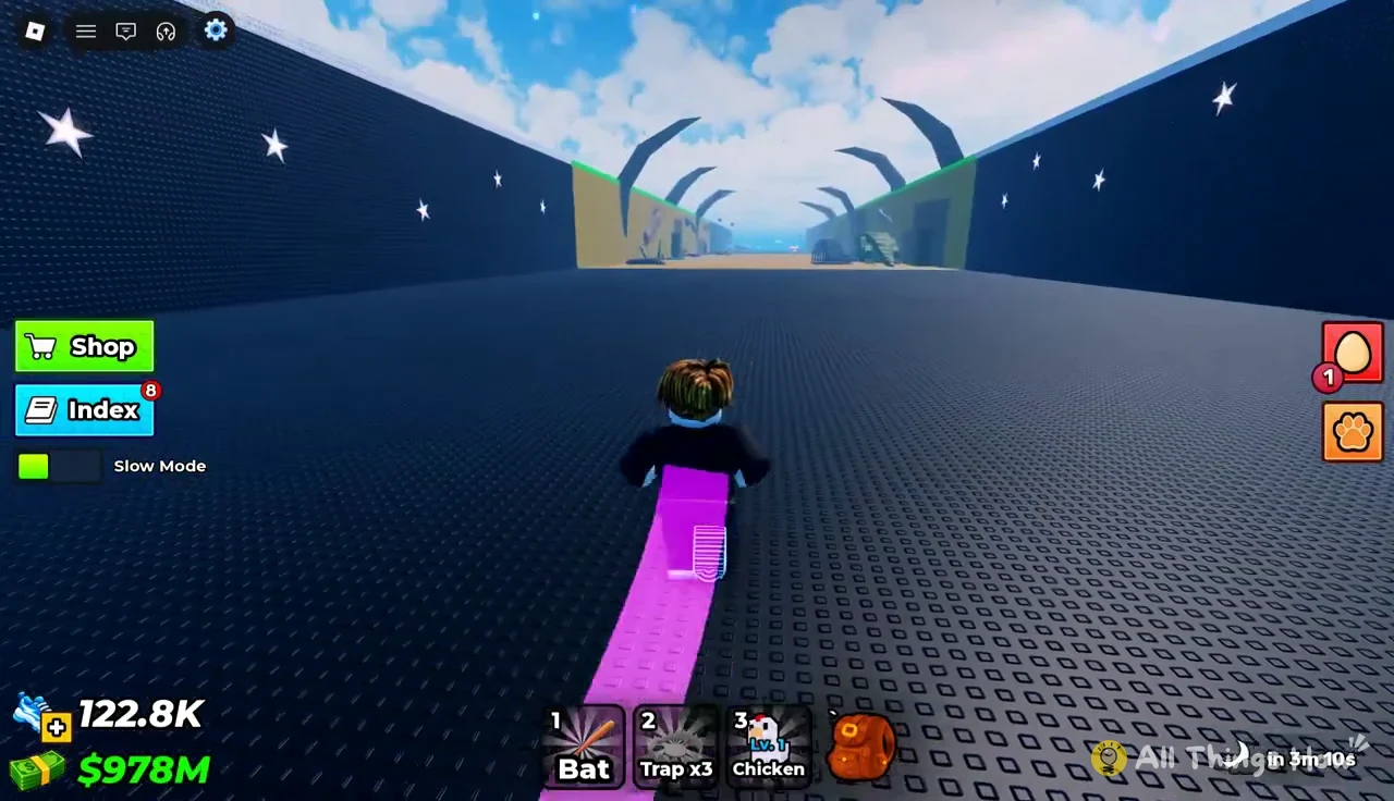 Avatar running forward through an arena section of the corridor with Bat, Trap x3, and Chicken equipped