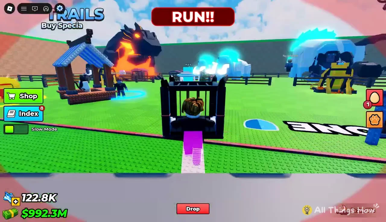 Avatar carrying a black cage through the base under the RUN!! banner with the Drop button visible