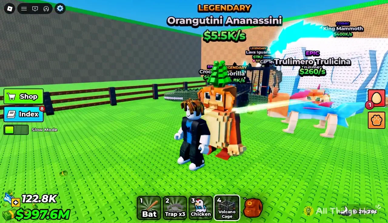 Avatar next to the Legendary Orangutini Ananassini with the hotbar and Slow Mode toggle on screen