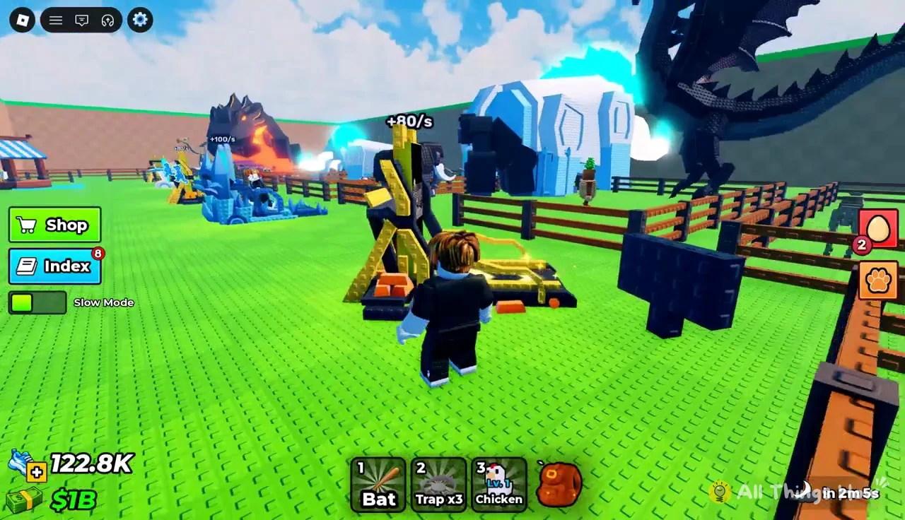 Avatar walking up to a gold-producing machine labelled +80/s with Slow Mode switched on