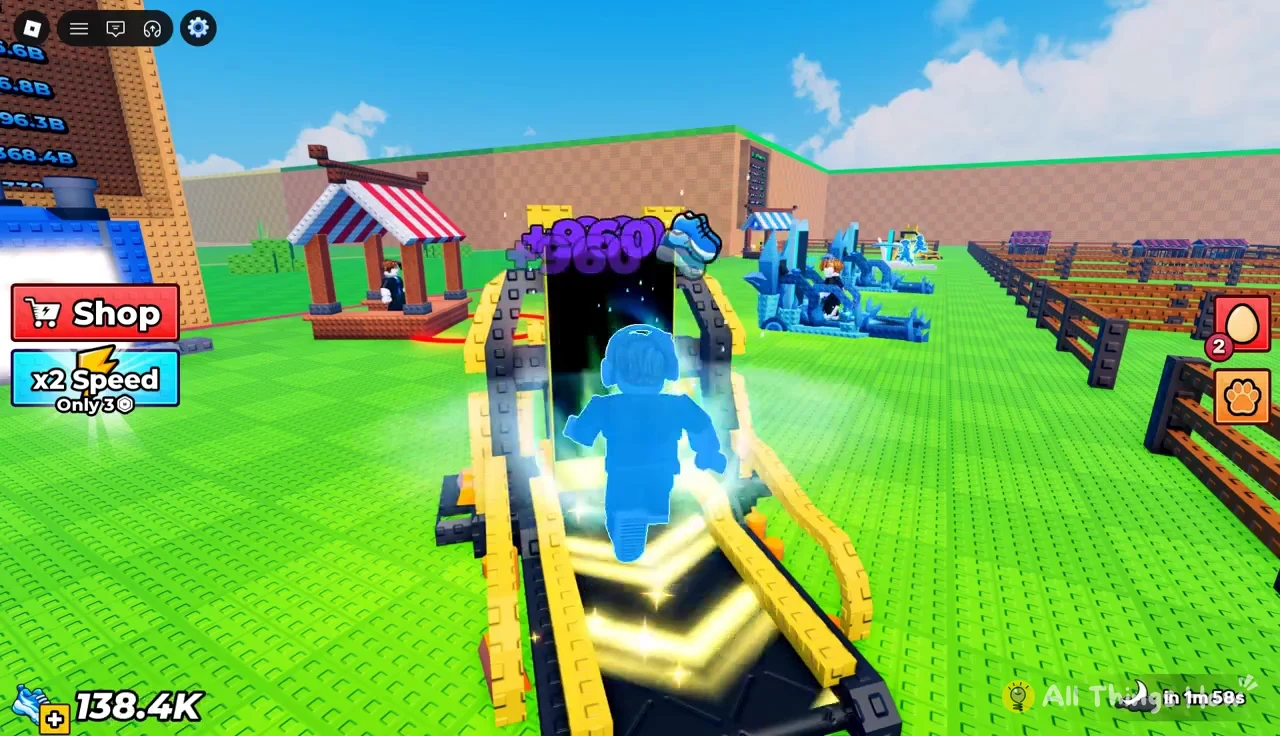 Avatar running on the black-and-gold Golden Treadmill with Shop and x2 Speed buttons on screen
