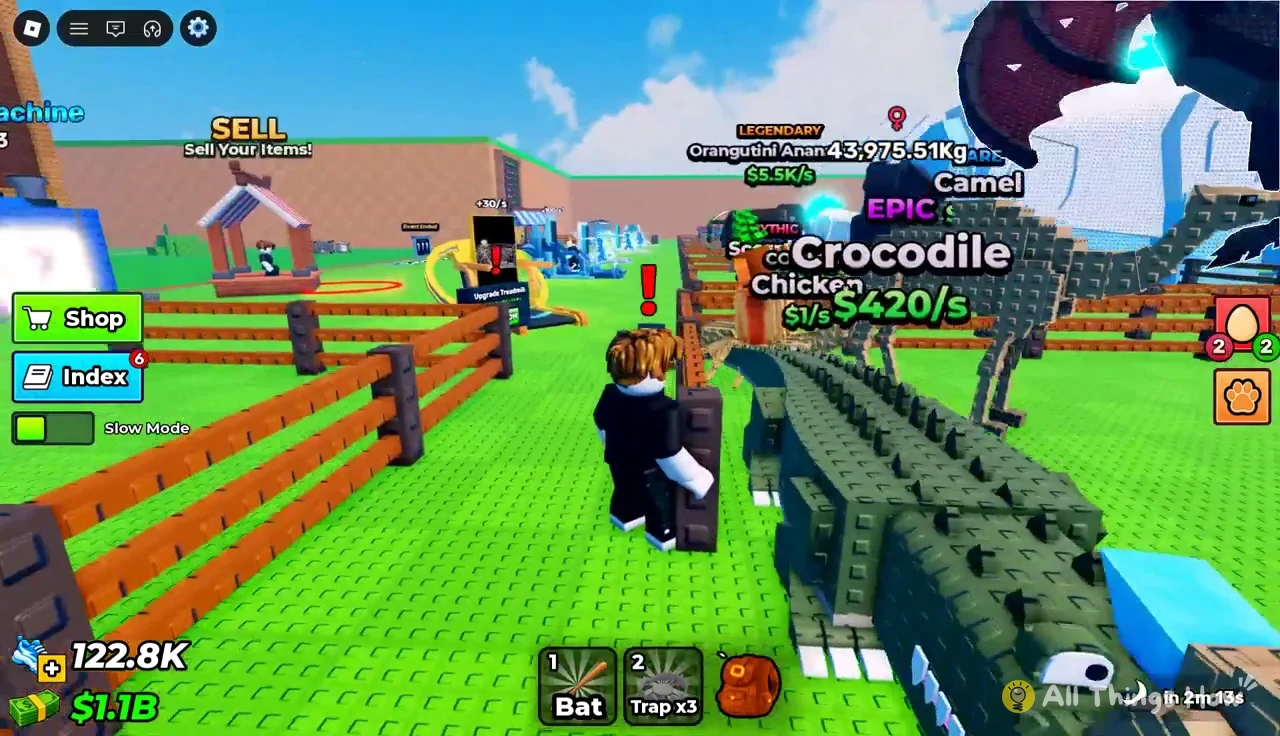 Avatar next to a row of crocodiles with the Sell Your Items booth ahead