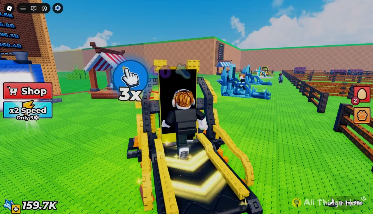 Avatar on the yellow-and-black treadmill with a blue hand icon showing a 3x tap multiplier