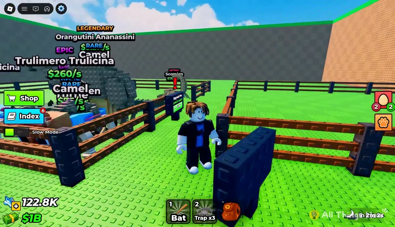 Fenced animal pens with floating earnings labels and the Shop and Index buttons visible