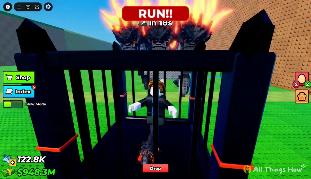 RUN!! warning on screen with the red Drop button available while the avatar holds a cage