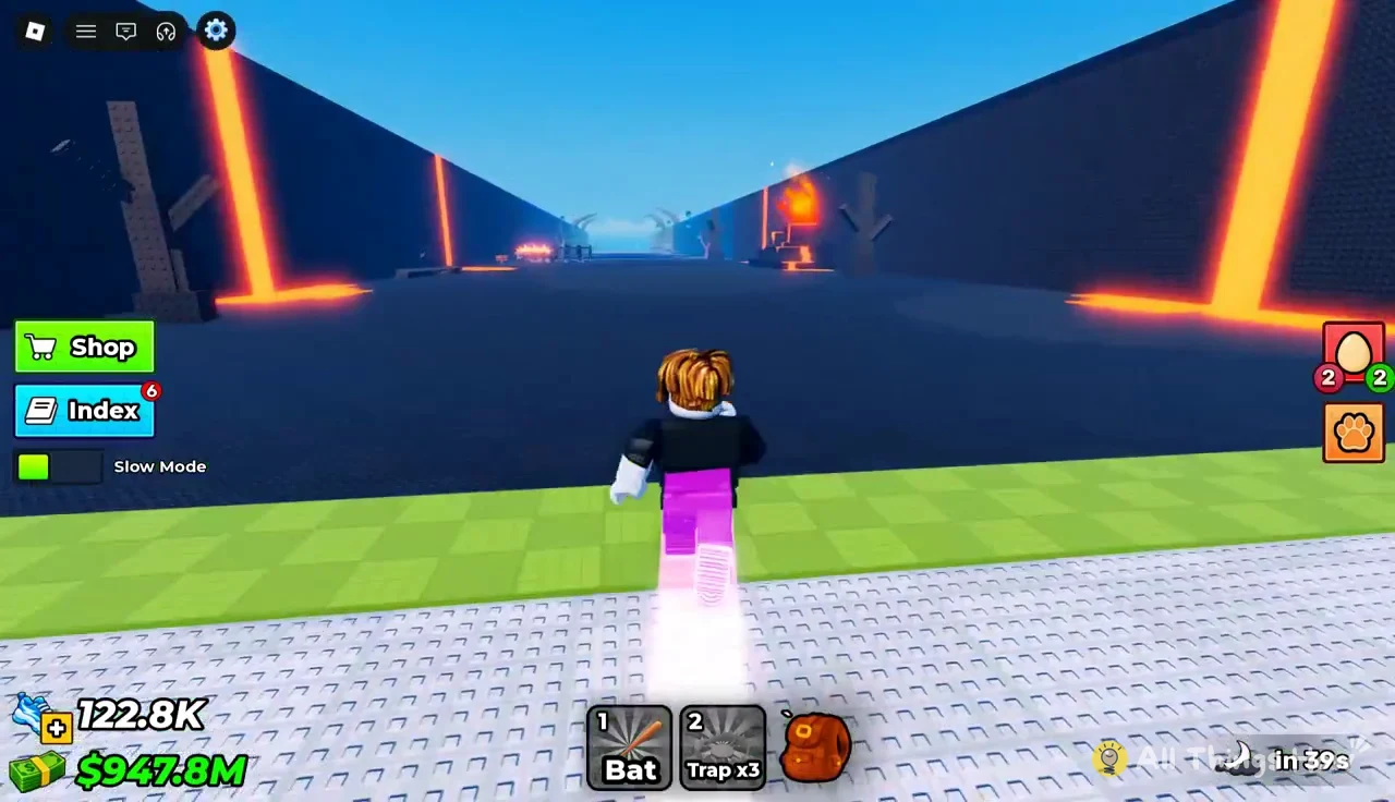 Avatar heading into a lava-lit corridor with Slow Mode toggle and Bat and Trap in the inventory