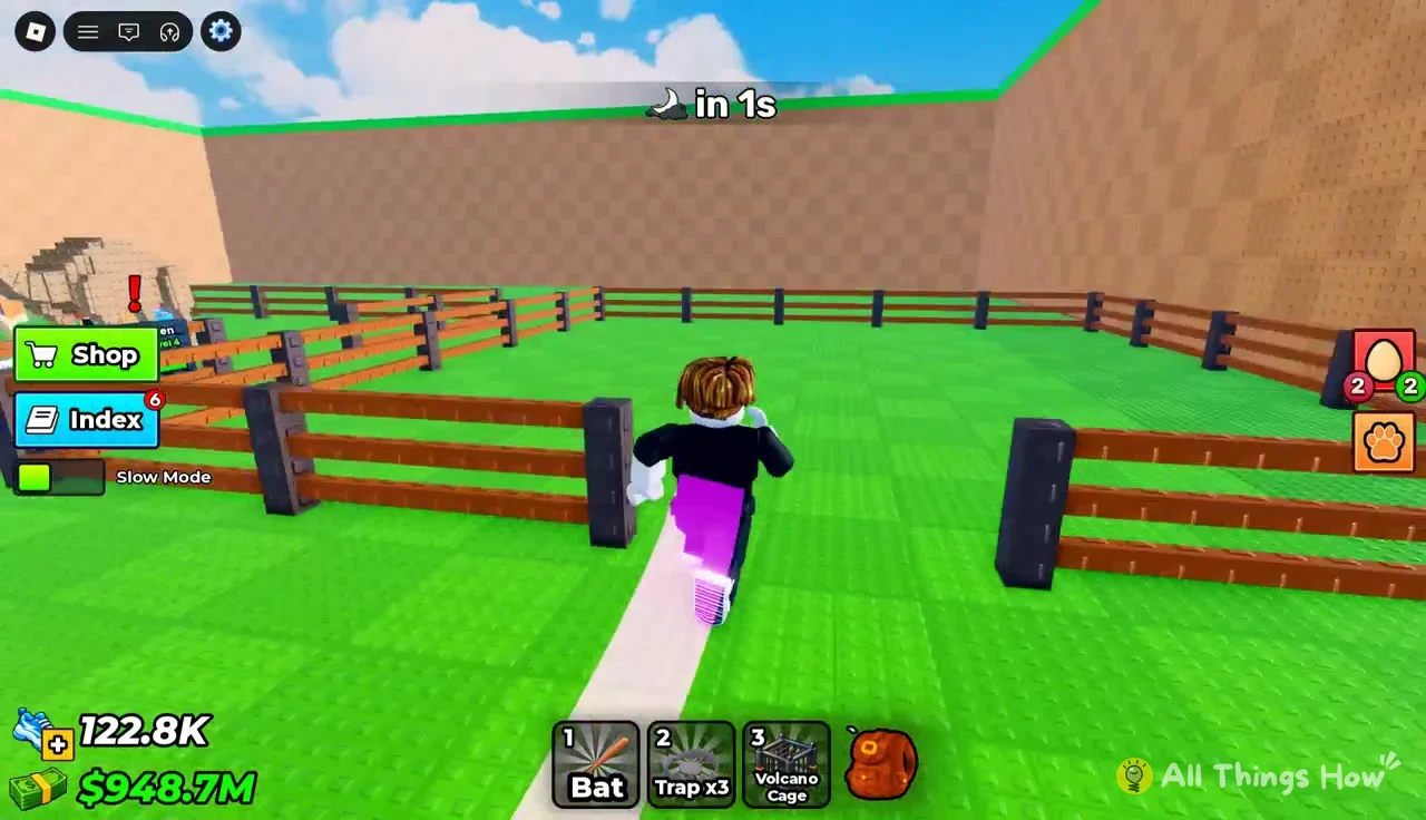 Avatar running through an open fence into the grassy area with Bat, Trap x3, and Volcano Cage in the hotbar