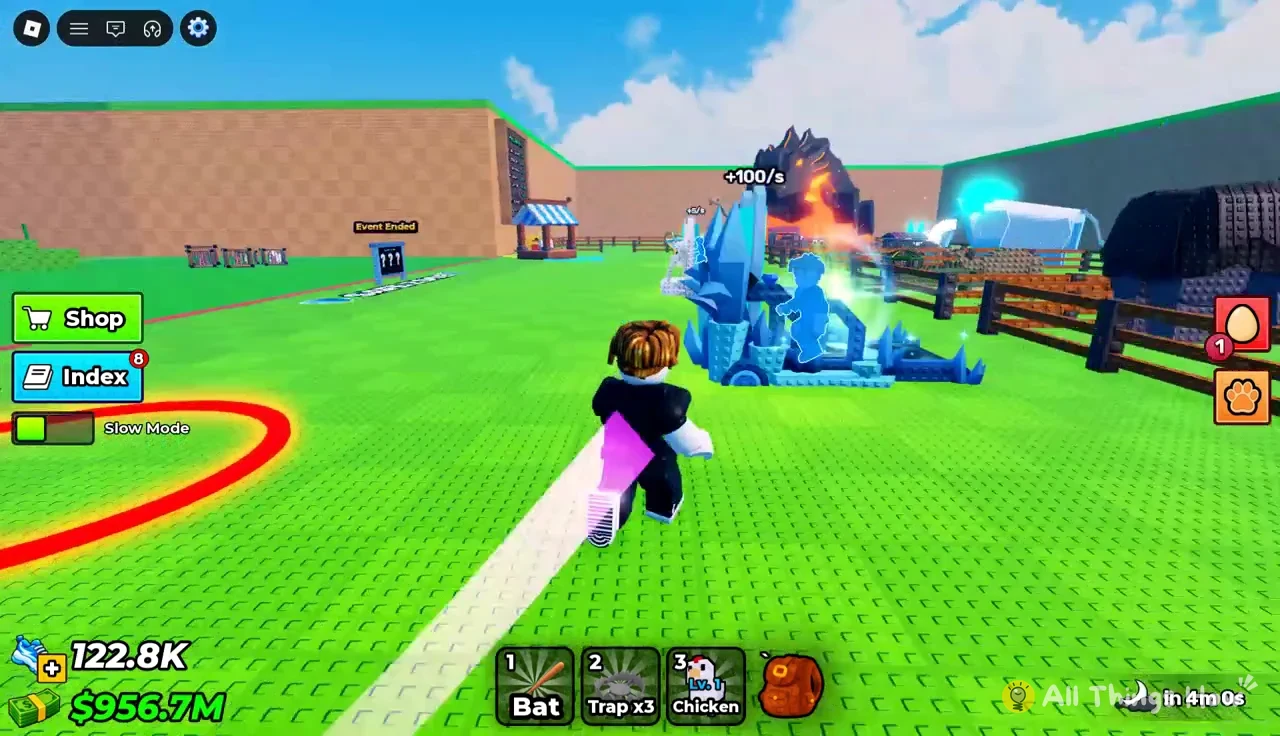 Avatar running toward a glowing blue structure labelled +100/s