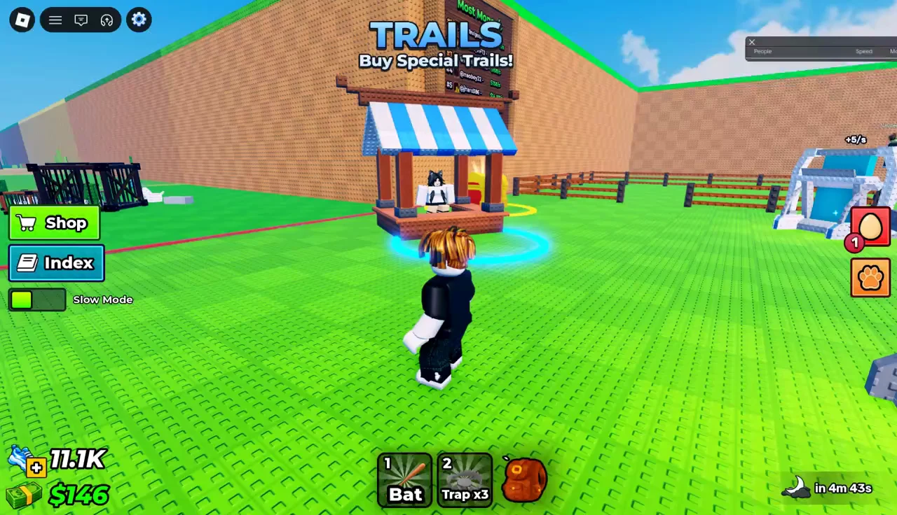 Avatar walking up to the striped trail kiosk where special trails are sold