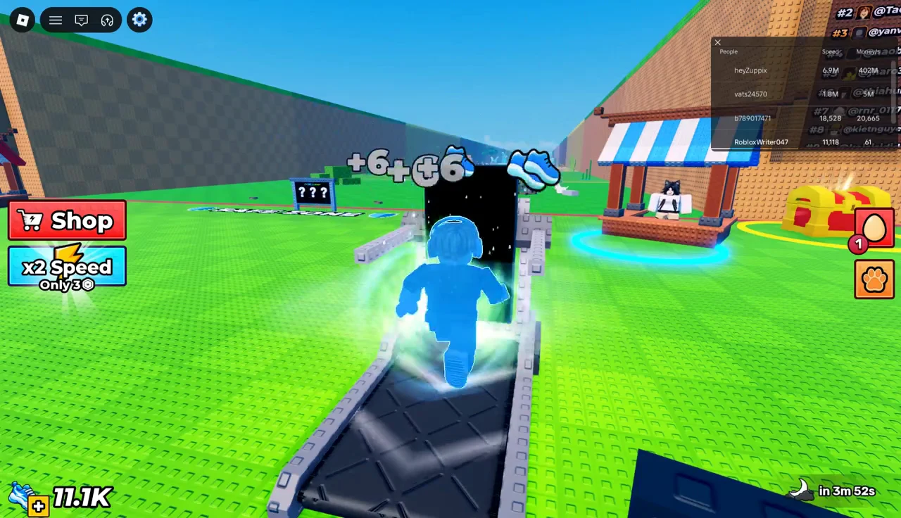 Avatar running on the starter treadmill with a speed gain popping up overhead