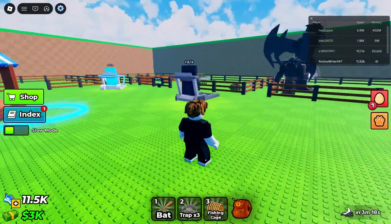 Player at base with a newly stolen cage in the hotbar beside the Bat and Trap items