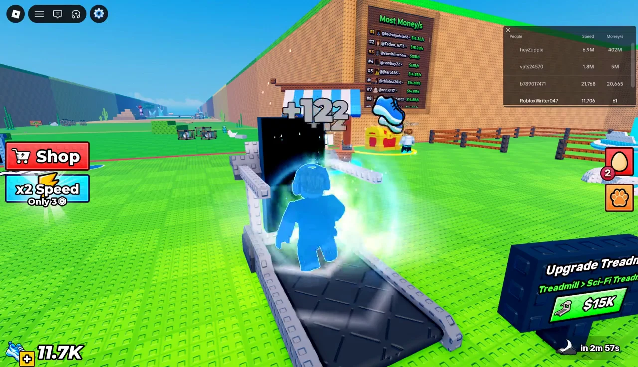 Avatar training on an upgraded treadmill with a much larger speed gain and the upgrade button visible