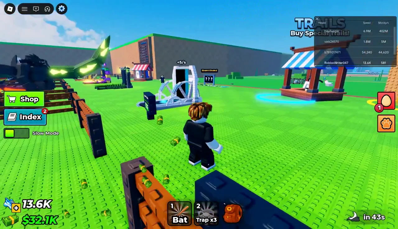 Player in the base next to the income machine, with cash pickups scattered on the ground