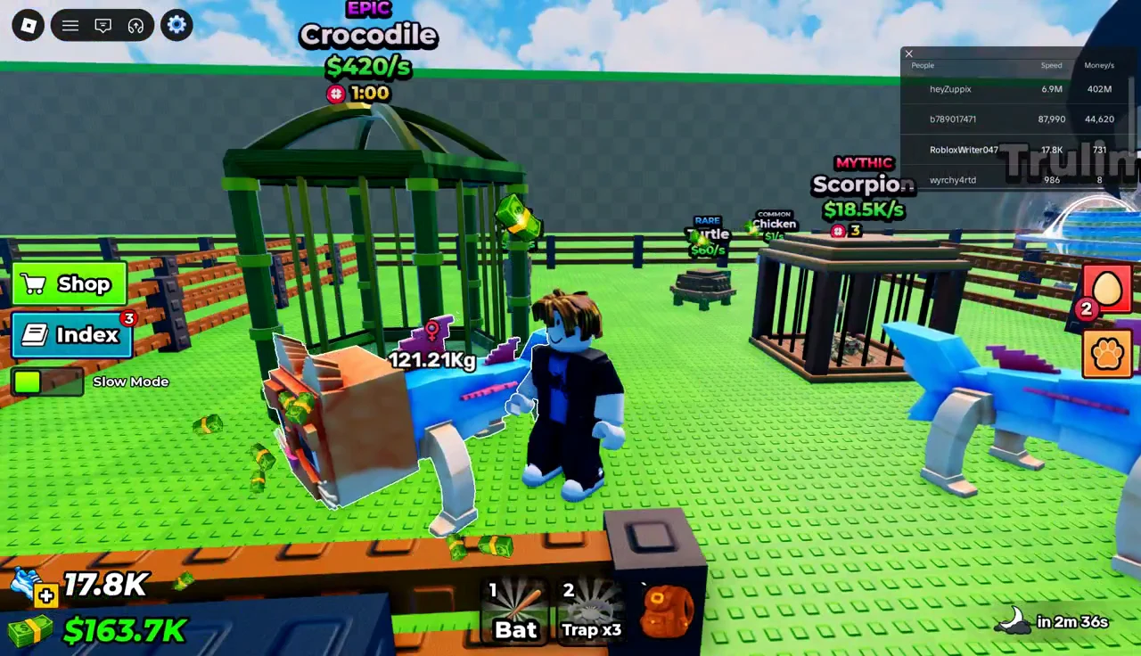 Player in the pet yard beside a newly placed pet showing its earnings rate and timer