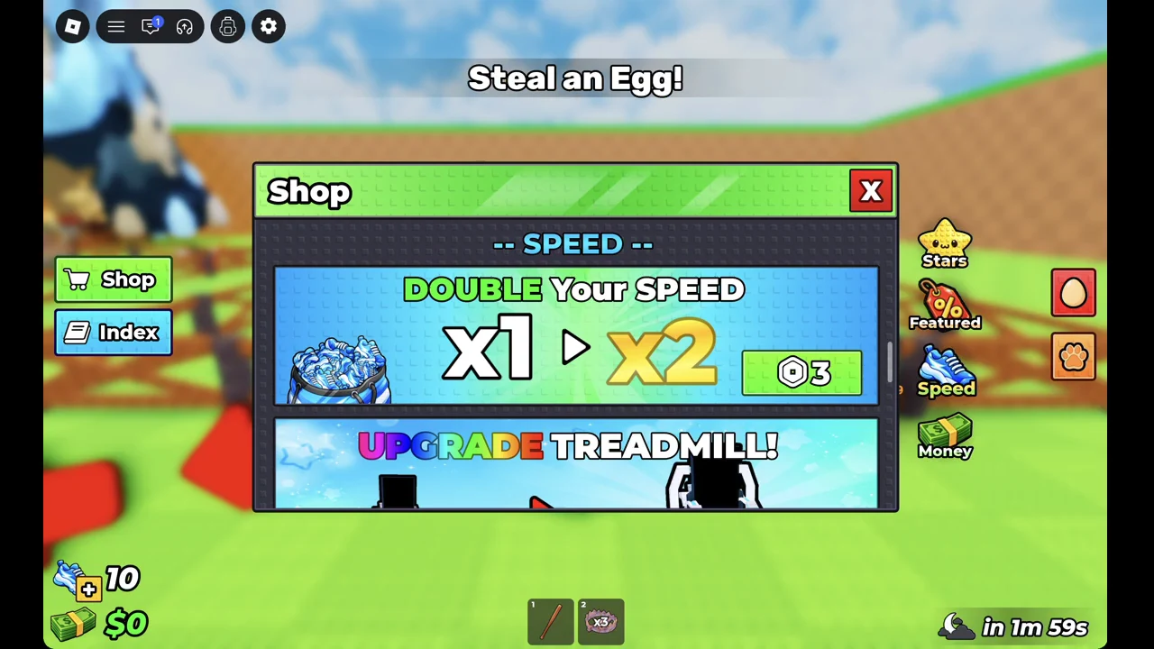 Shop Speed tab with the DOUBLE Your SPEED card showing x1 to x2 and a price of 3