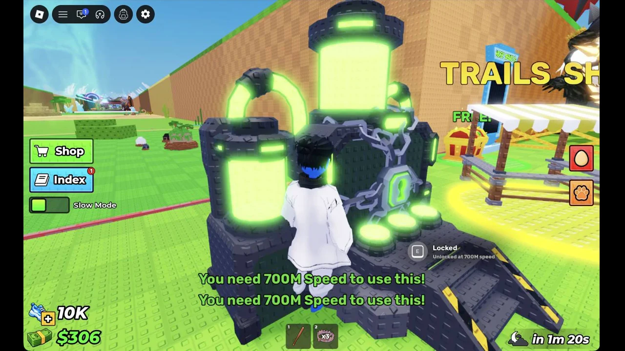 Glowing machine by the Trails Shop with its interaction locked until the player reaches 700M speed