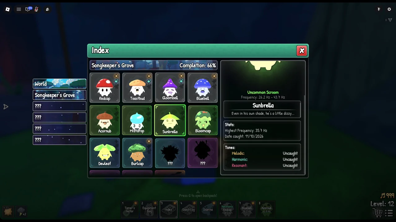 Sunbrella selected in the Index, showing its Uncommon rarity, 26.2 to 43.7 Hz range and uncaught tones