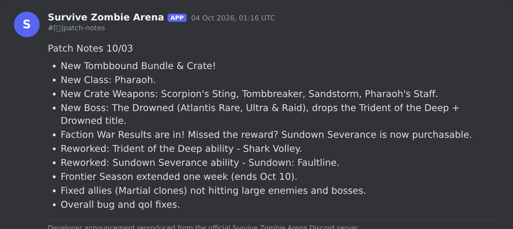 The Survive Zombie Arena update post in the game's Discord server
