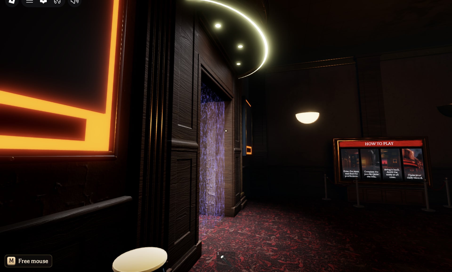 Shimmering purple doorway under an arc of small lights, next to the HOW TO PLAY board