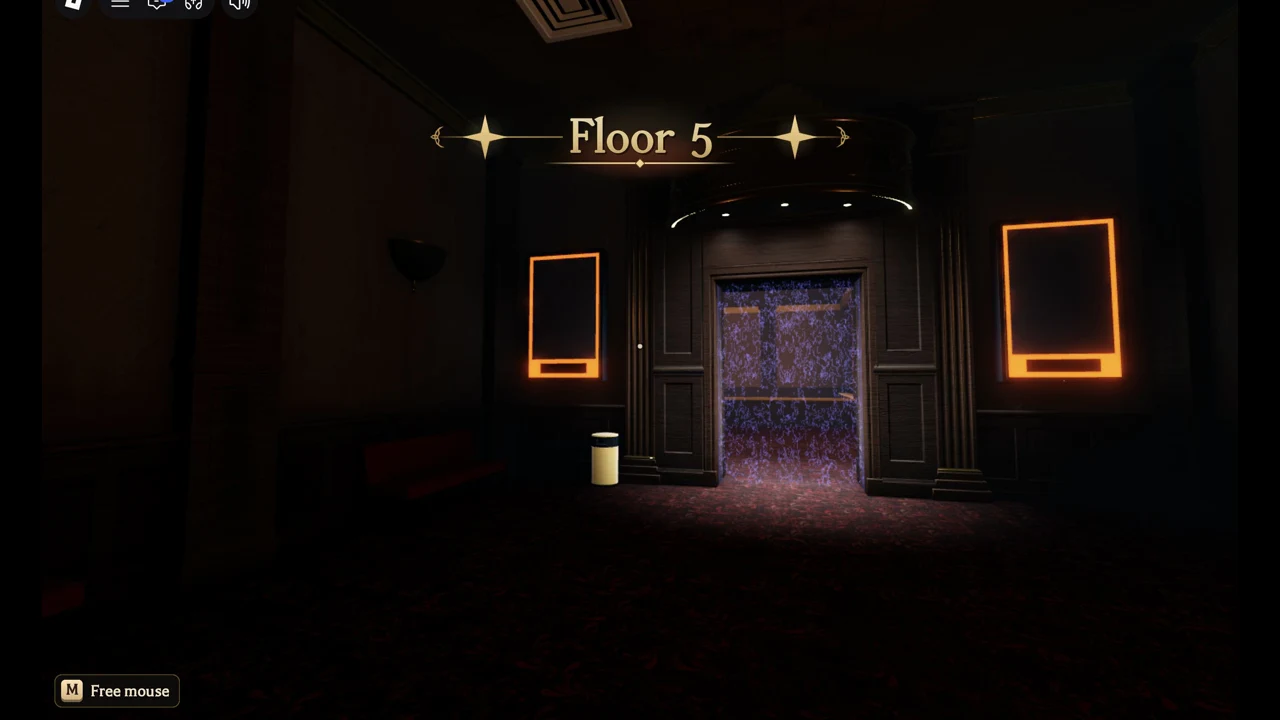 First-person view of the purple sparkle doorway on Floor 5 with the M Free mouse prompt at bottom left