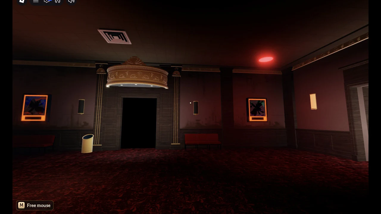 Dark Floor 5 hall with a black doorway beneath an ornate gold canopy