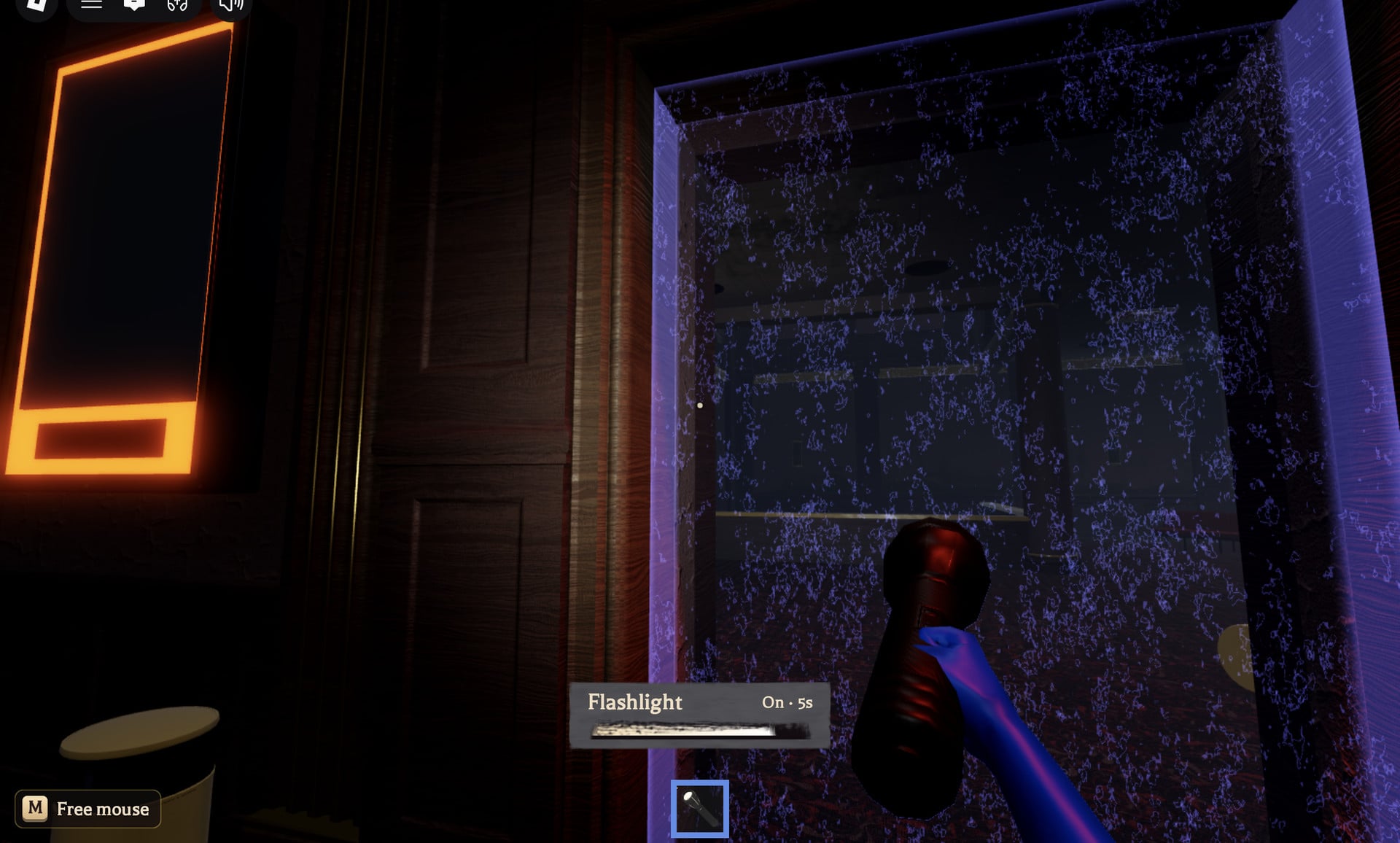 Flashlight bar reading On 5s while the beam points at the shimmering purple doorway curtain