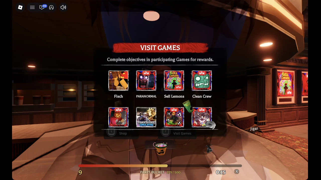 The Hollow Visit Games ticket reward menu The Hollow Visit Games menu showing participating Roblox experiences and ticket reward tiles