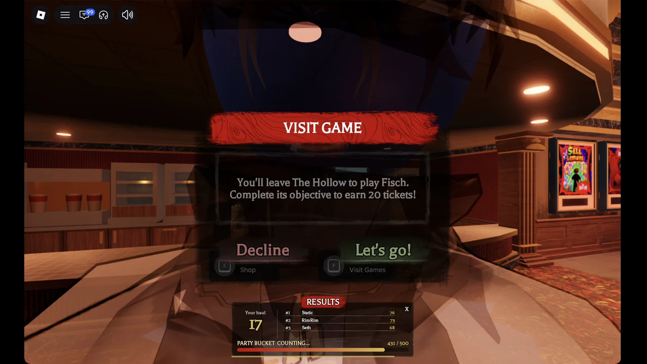 Confirming a The Hollow Visit Game quest The Hollow Visit Game confirmation prompt for entering a partner Roblox experience to earn tickets