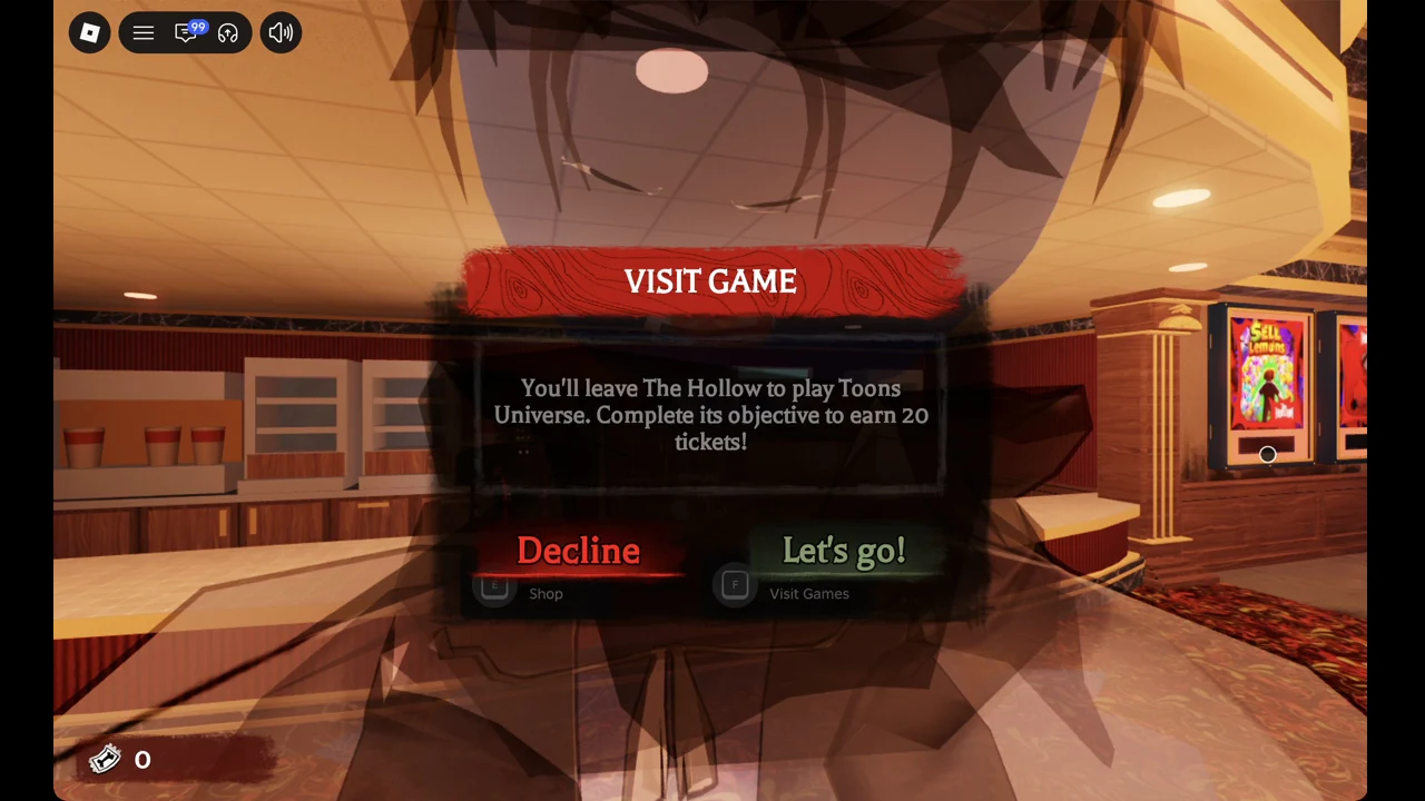 Visit Game prompt to leave The Hollow and play Toons Universe for 20 tickets