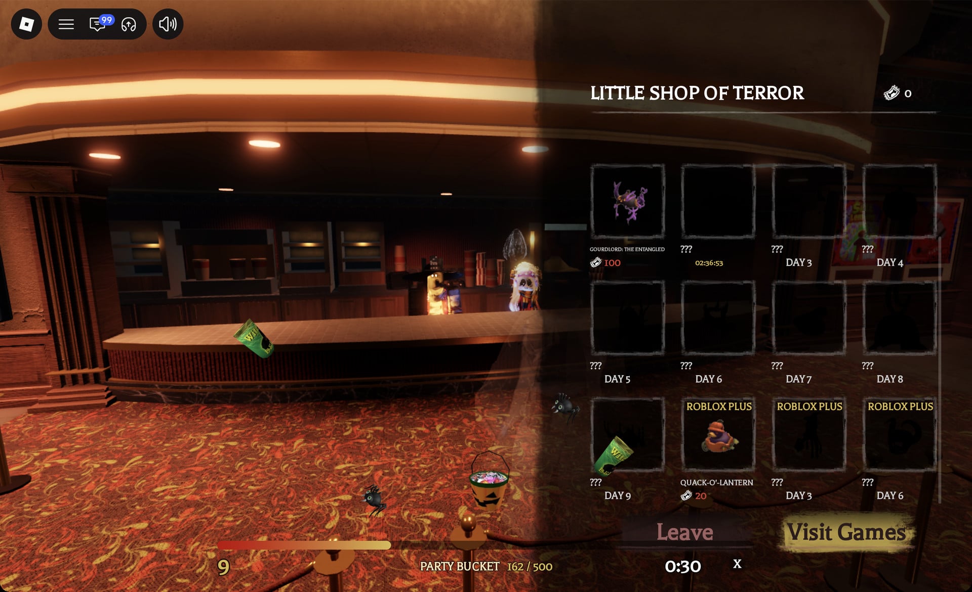 Avatar Items grid with Gourdlord: The Entangled, locked daily slots and the Quack-O'-Lantern