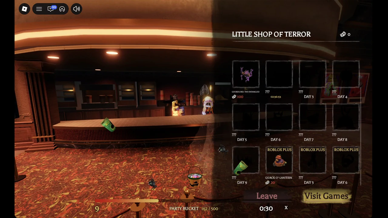 Avatar Items grid with Gourdlord: The Entangled, locked daily slots and the Quack-O'-Lantern