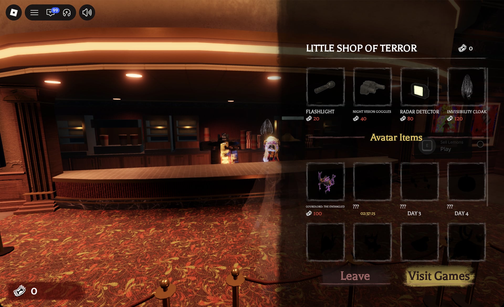 Little Shop of Terror menu listing the Flashlight, Night Vision Goggles, Radar Detector and Invisibility Cloak