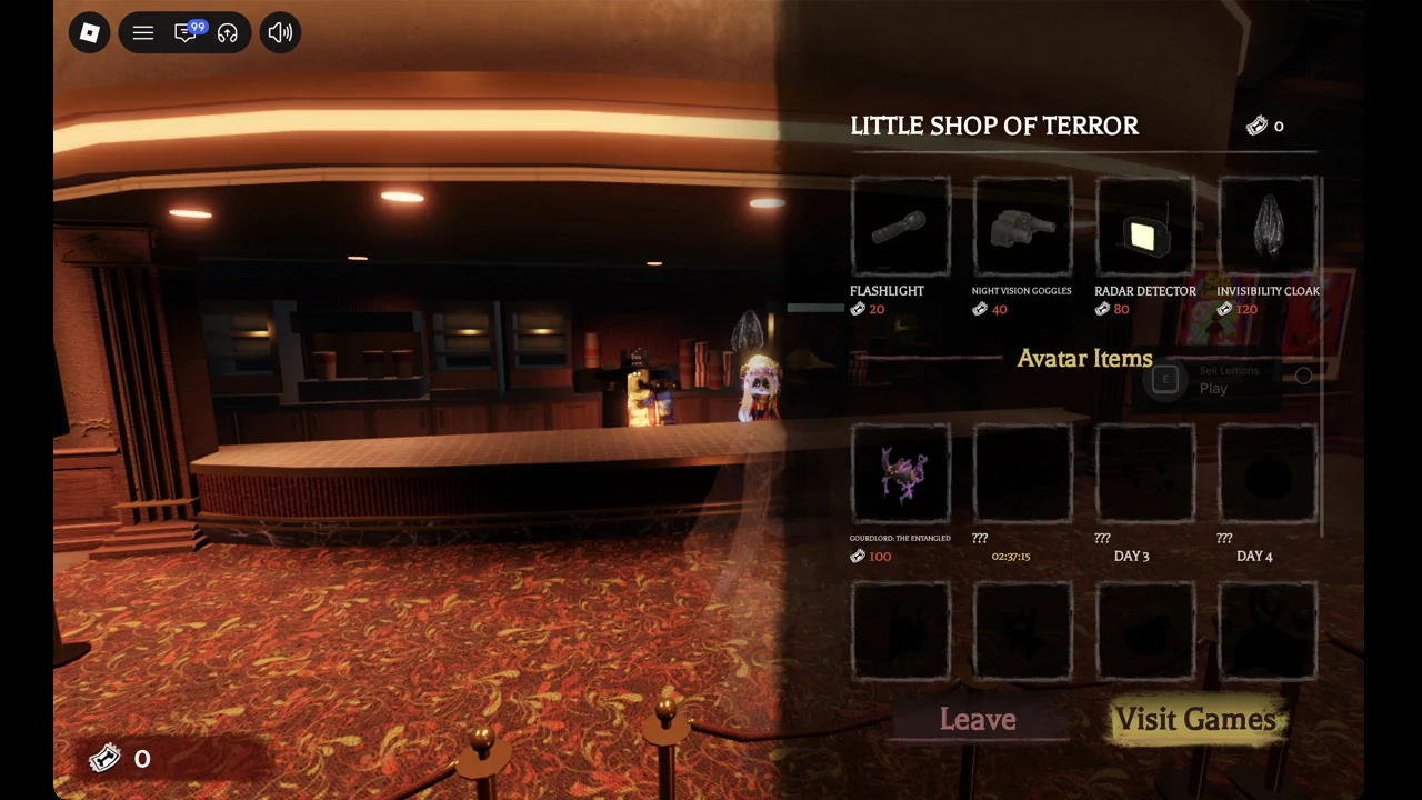 Little Shop of Terror menu listing the Flashlight, Night Vision Goggles, Radar Detector and Invisibility Cloak