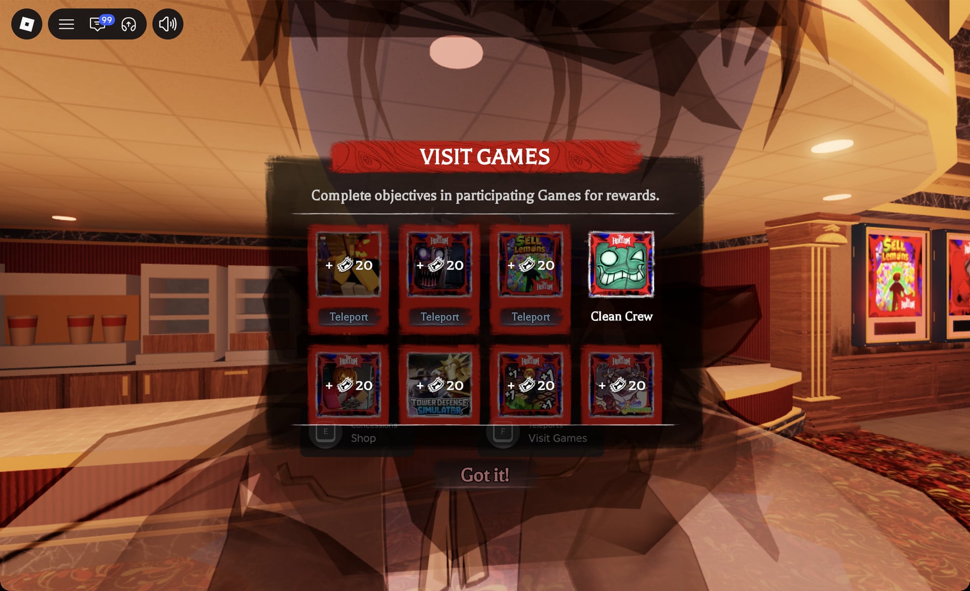 Visit Games list of partner game tiles showing +20 ticket rewards