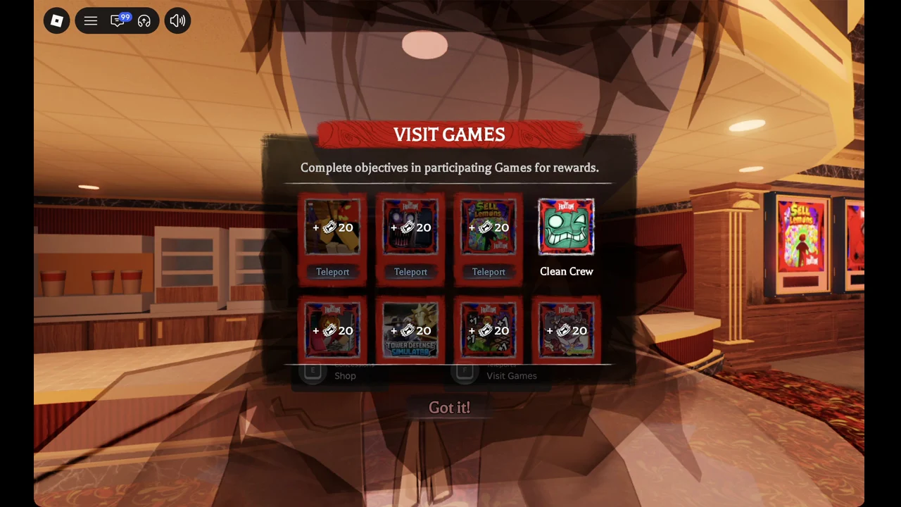 Visit Games list of partner game tiles showing +20 ticket rewards