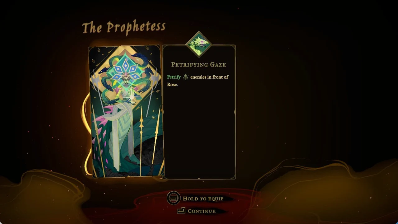 Petrifying Gaze spell card with its description and the Hold to equip prompt